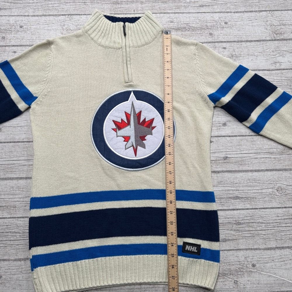 Ilanco NHL Winnipeg Jets Knit Sweater Mens S Cream Blue Quarter Zip Hockey Logo - Picture 4 of 6
